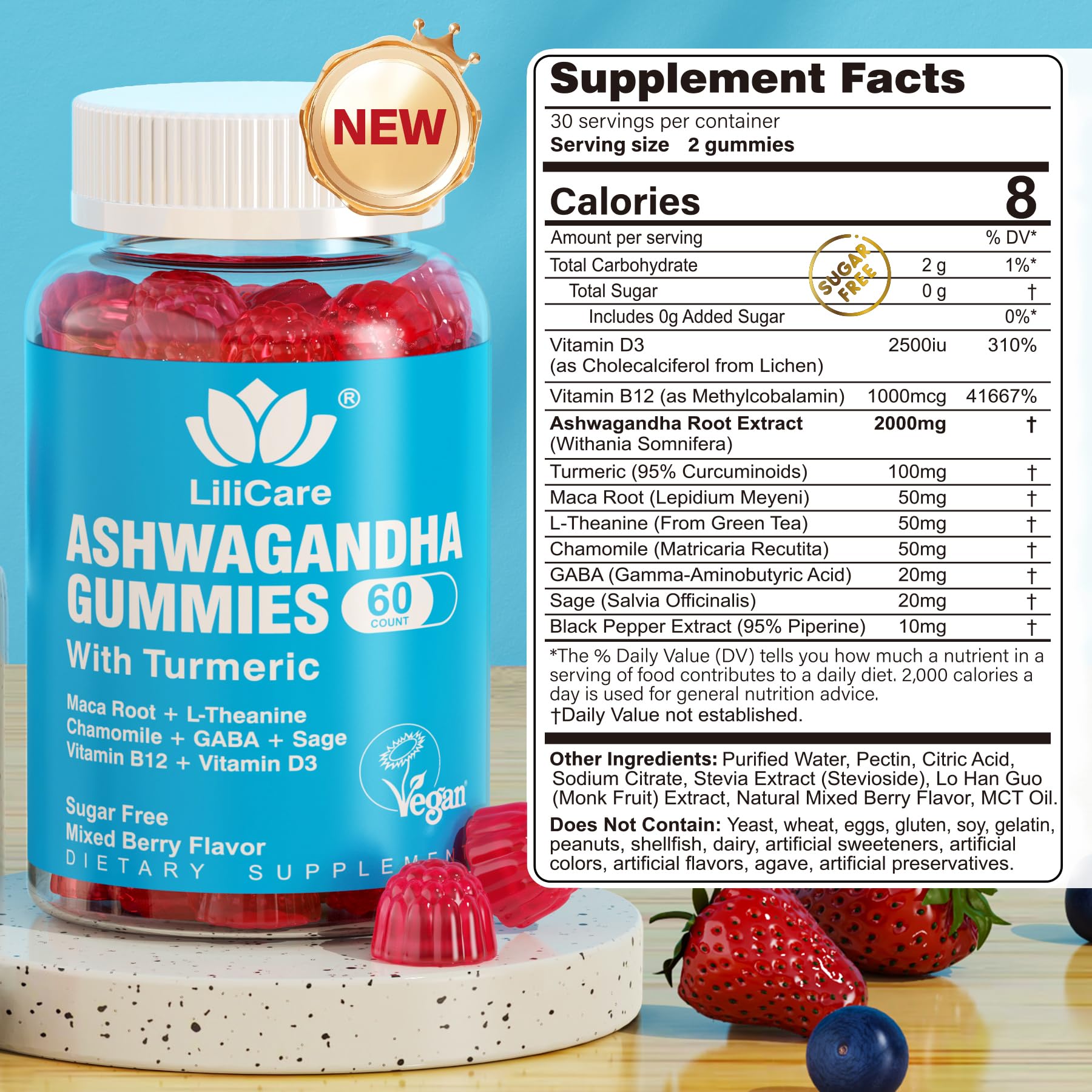 EnvyDeal Ashwagandha Gummies 2000mg for Women Men - Sugar Free, Vegan - Organic Ashwagandha Root Extract Supplements Gummy & Vitamin D3, Mixed Berry Flavor, 120 Count