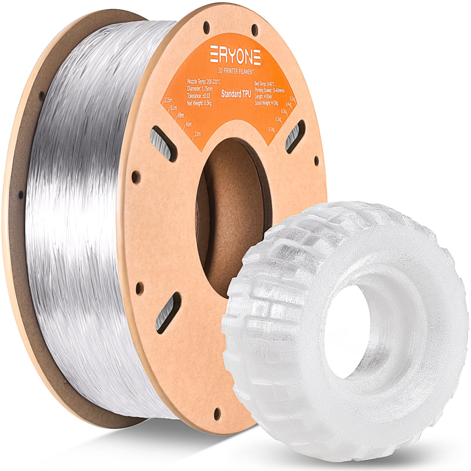 ERYONE TPU Filament 1.75mm, 3D Drucker Filament TPU 0.5kg 1 Spool, -0.05mm, 95A, Transparent