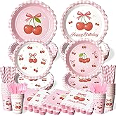 Pink Bow Cherry Birthday Party Supplies - 300 Pcs Disposable Dinnerware Set Serves 50 - Includes Paper Plates, Napkins, Cups, Straws, Forks - Coquette Aesthetic Party Decorations for Girls Women