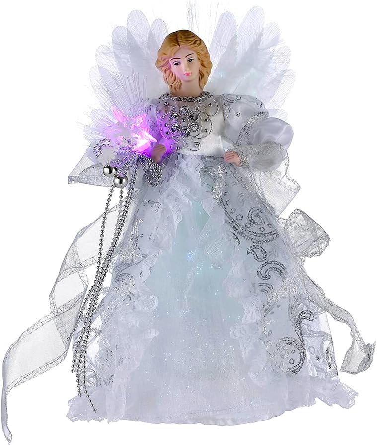 Tree Toppers - Kurt Adler CUL Fiber Optic LED Angel Christmas Treetop Figurine, 12-Inch, White and Silver