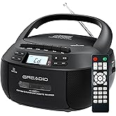Greadio Boombox CD Player Cassette Player Combo, Boom Box Portable CD Players for Home with Bluetooth, Support AM FM Radio/Remote Control/AUX/USB/Earphone, AC/Battery Operated, LCD Display (Black)