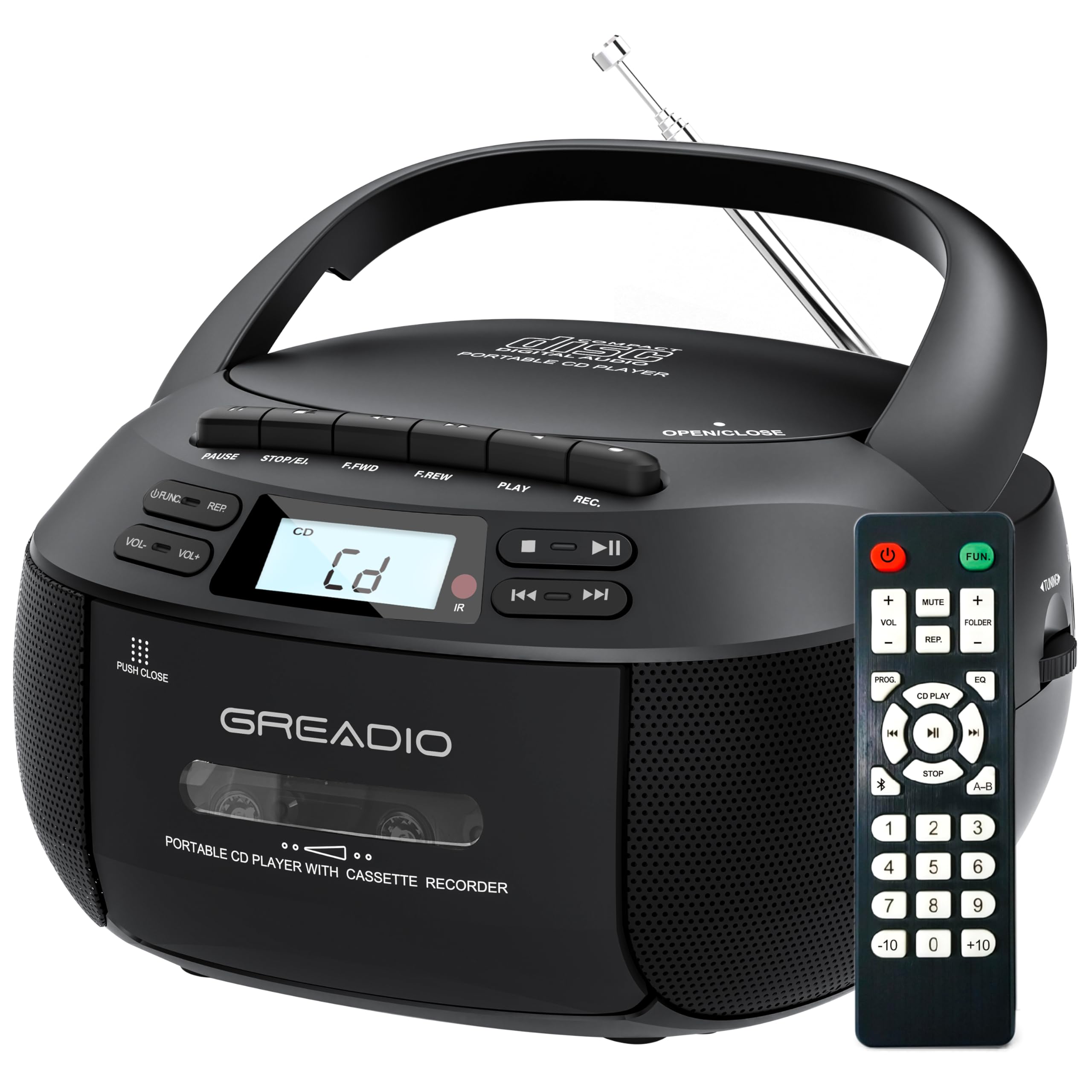 Photo 1 of *FOR PARTS ONLY* Greadio Boombox CD Player Cassette Player Combo, Boom Box Portable CD Players for Home with Bluetooth, Support AM FM Radio/Remote Control/AUX/USB/Earphone, AC/Battery Operated, LCD Display (Black)