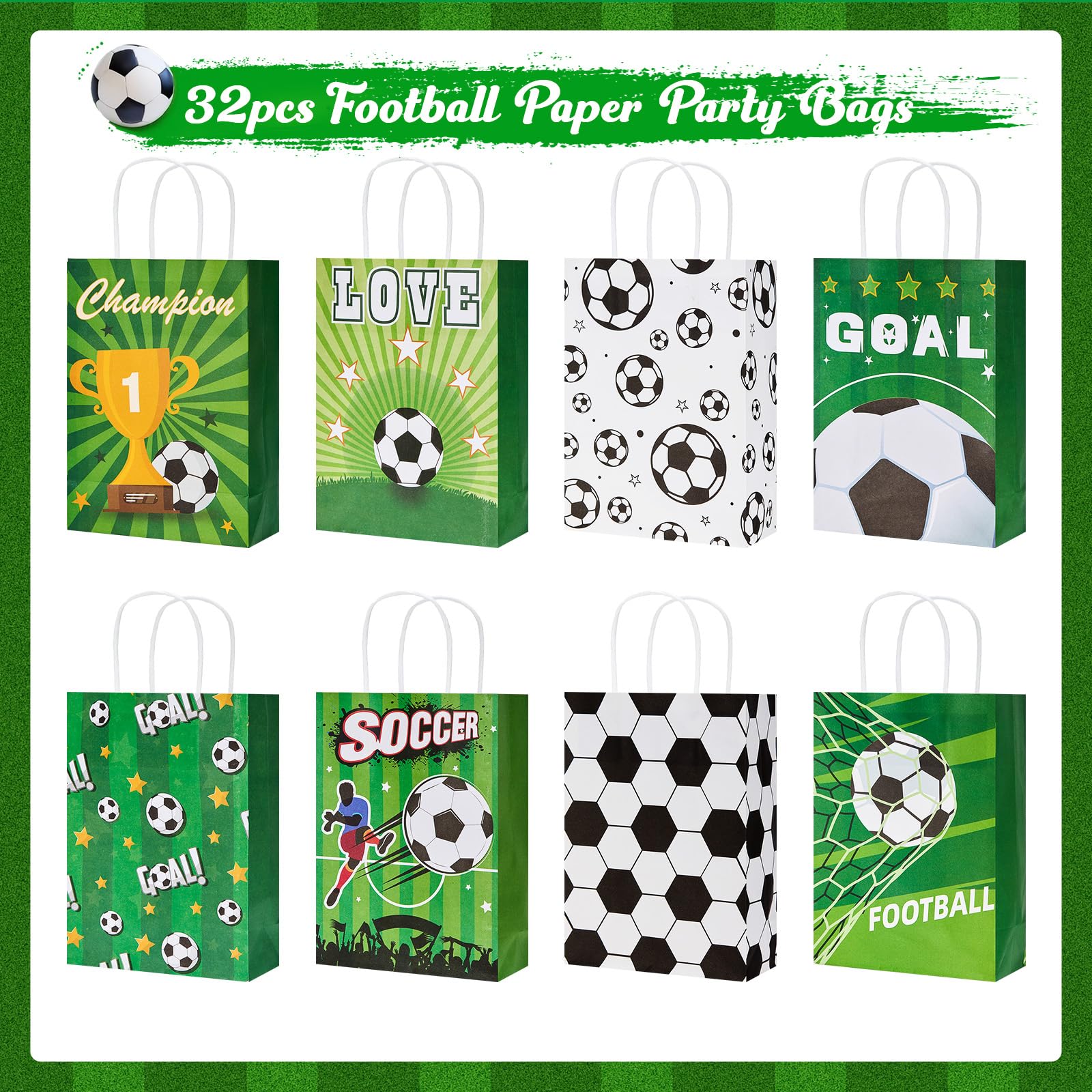 Fußball Papiertüten 32 Stück, Fußball Mitgebsel Tüten Kindergeburtstag Jungen, Geschenktüten mit Griffen, Fußball Party Goodie Bags für Süßigkeiten, Gastgeschenke, kleine Spielzeuge und Party Geschenk 2
