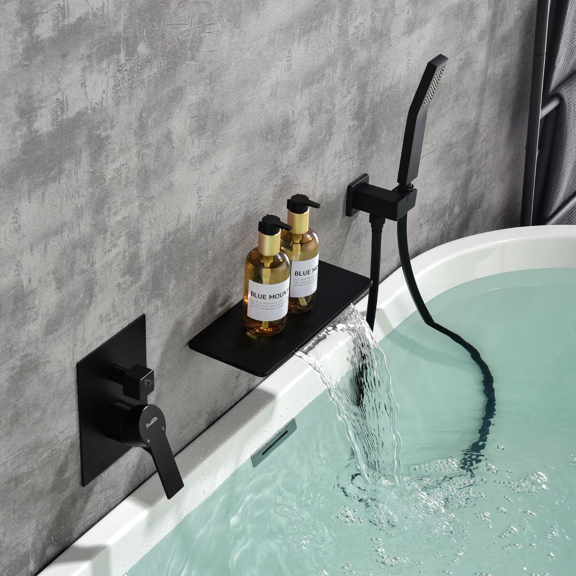 Photo 1 of SHAMANDA Waterfall Bathtub Faucet with Sprayer, Wall Mount Tub Filler with Hand Shower, Single Handle Tub Faucet with Handheld Shower Head(Rough-In Valve Body and Trim Included), Matte Black, L902-7