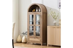 TYBOATLE 71" Tall Arched Pantry Cabinet with Innovative Drawer, Kitchen Cabinet with Anti-Tipping Device and Glass Door, Versatile Cupboard for Kitchen, Dining, Natrual