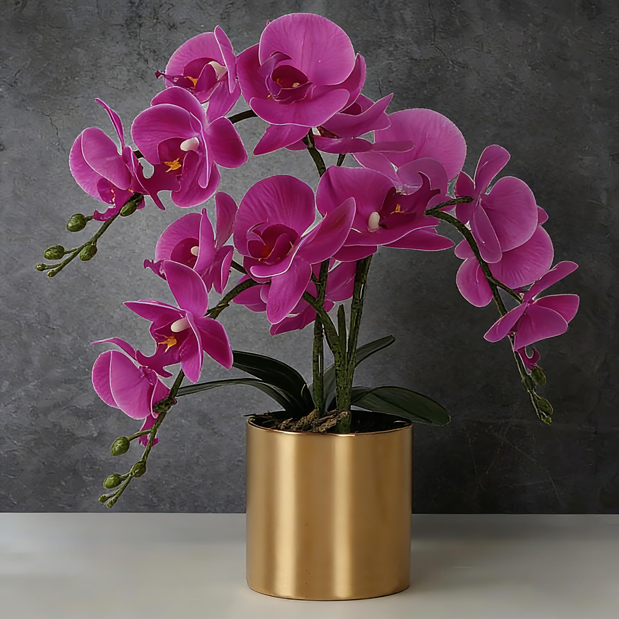 LESING Artificial Orchid Flower with Vase, White Orchid Bonsai Faux Orchid Phalaenopsis Plant Pot Arrangements for Home Decoration (Purple,Gold Vase)
