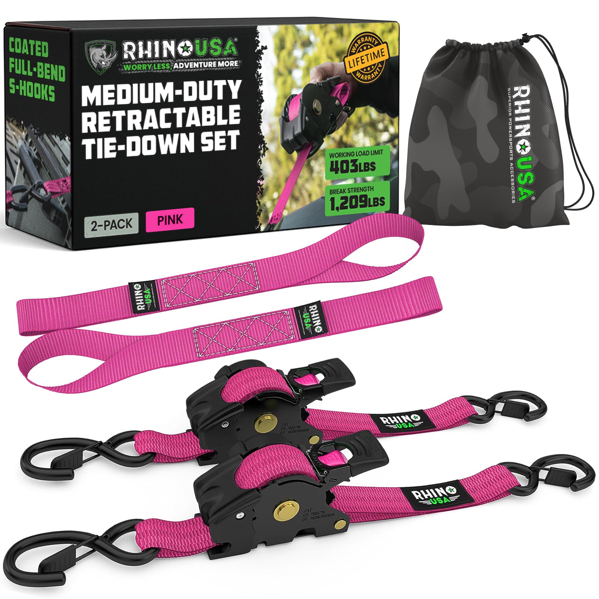 Rhino USA Retractable Ratchet Straps (2-Pack) - 1 Inch x 10 Feet (1,209lb Break Strength) - Auto Self Retracting Tie Down Straps for Truck, Cargo Trailer, Motorcycle, ATV, UTV - Pink Image