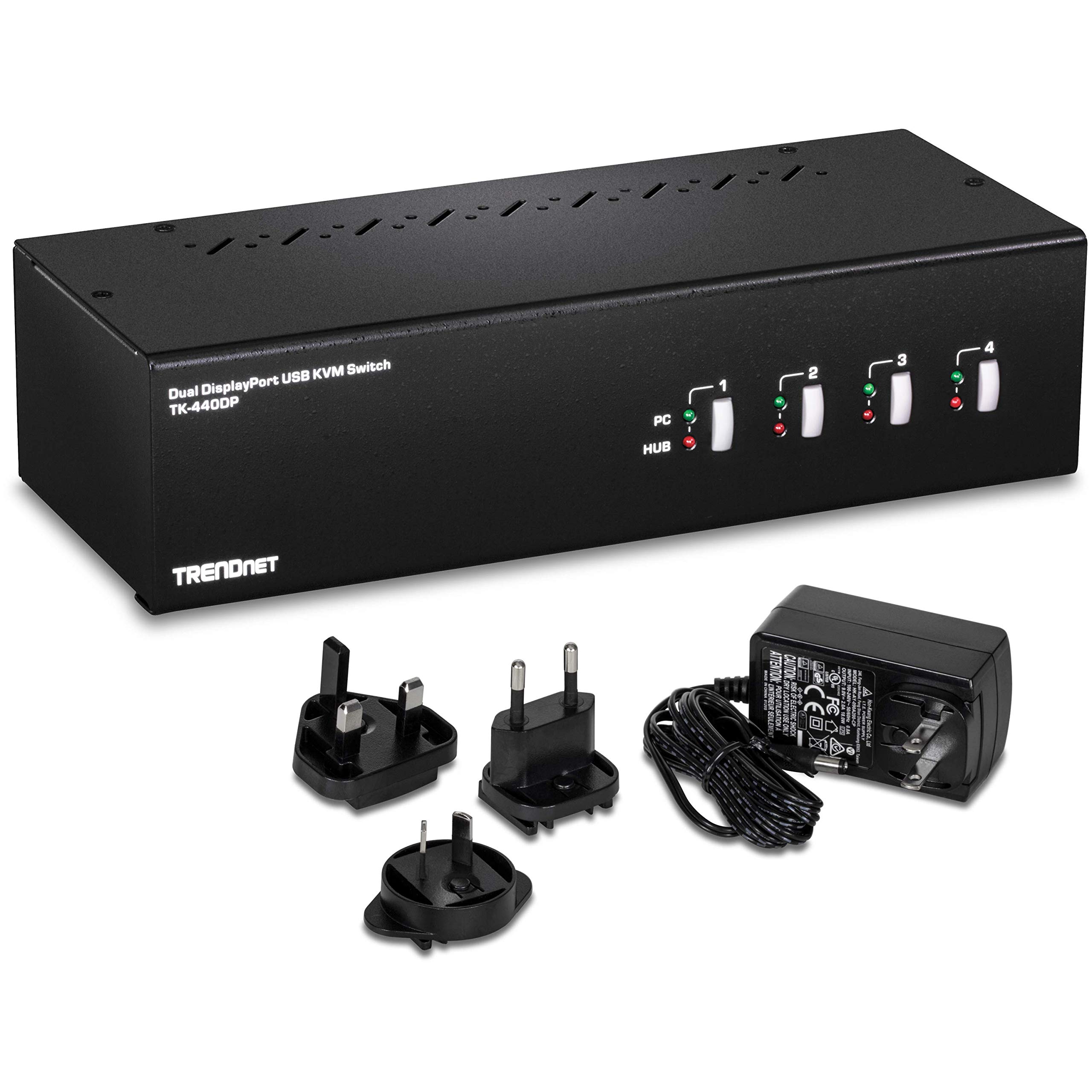 TRENDnet 4-Port Dual Monitor DisplayPort KVM Switch with Audio, TK-440DP, 2-Port USB 2.0 Hub, 4K UHD Resolutions Up to 3840 x 2160, Black, Manual Operation