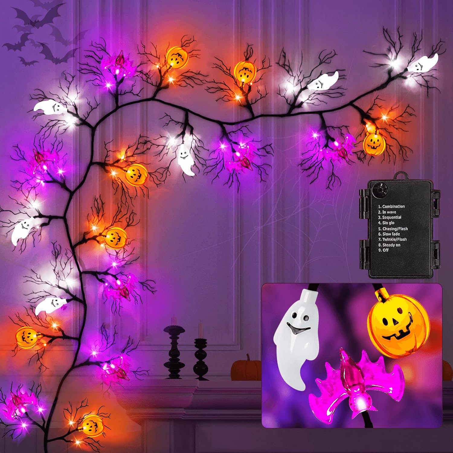 Wreaths, Garlands & Swags - 6 Ft 8 Modes & Timer Halloween Willow Vine Twig Garland with 45 LED Orange Purple White Lights Pumpkin&Bat & Ghost,Halloween Decorations Indoor with Battery Operated for Home Wall Fireplace
