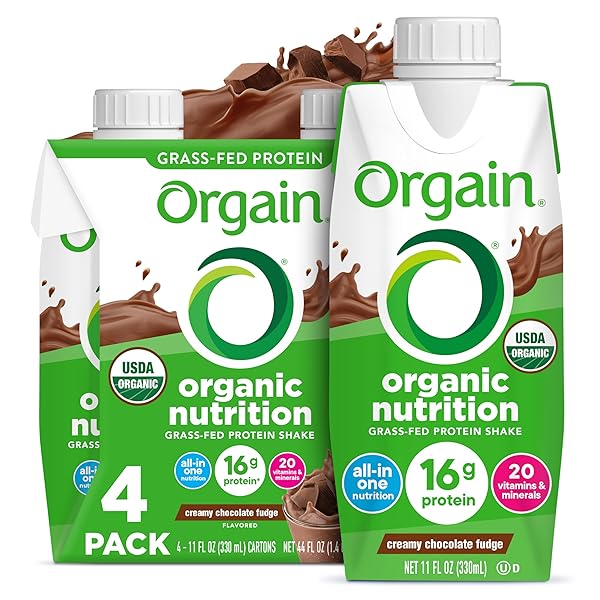 ORGAIN ORGANIC NUTRITIONAL SHAKE, CREAMY CHOCOLATE FUDGE – MEAL REPLACEMENT, 16G PROTEIN, 20 VITAMINS & MINERALS, GLUTEN & SOY FREE, KOSHER, NON-GMO, PACKAGING MAY VARY, 11 FL OZ (PACK OF 4)