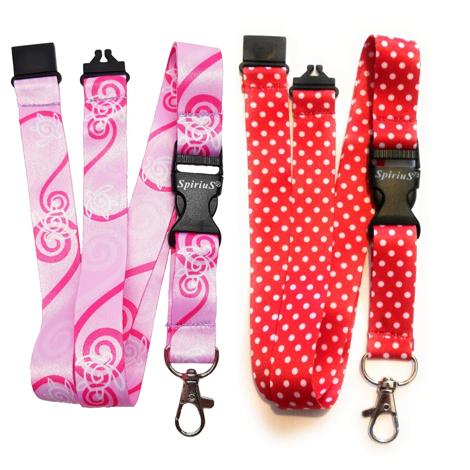 SpiriuS 2 X Keychain & Lanyard Neck Strap For ID Pass Card Badge Key Metal clasps (Turtle pink + Red dots)