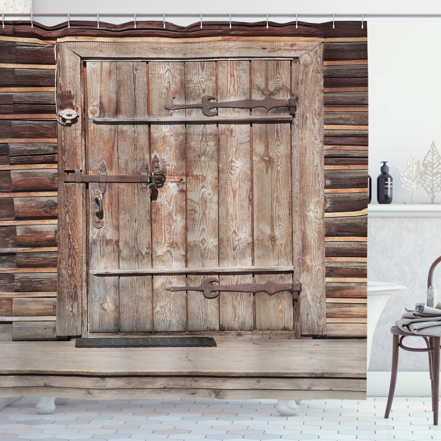 ABAKUHAUS Rustic Shower Curtain, Timber Rustic Door in Wall of an Old Log House Abandoned Building Entrance Gate, Cloth Fabric Bathroom Decor Set with Hooks, 86 Inches Extra Long, Brown