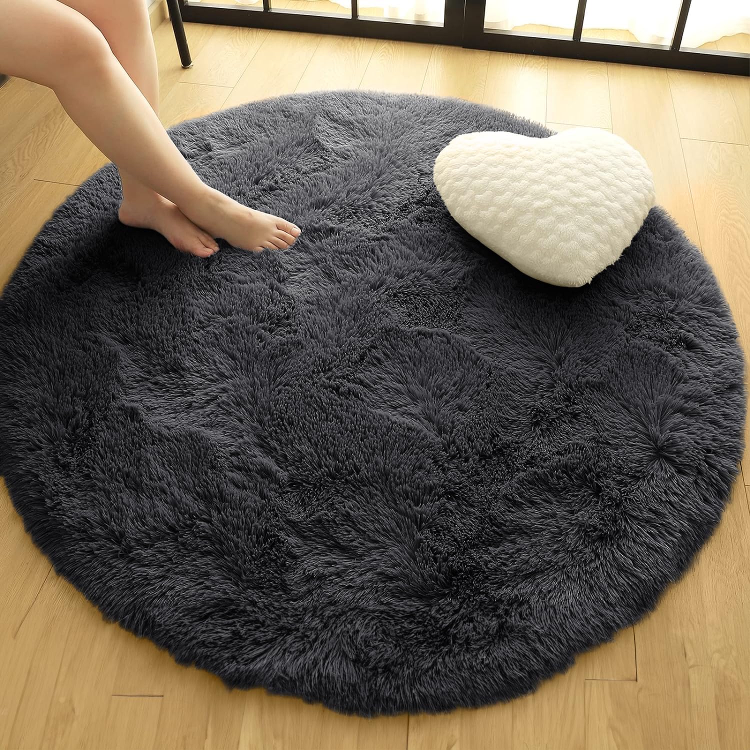 Oxford Homeware Round Rugs Living Room 120x120 cm – Fluffy Shaggy Black Area Rugs for Bedroom, Lounge – Modern Super Soft Non Slip Rug Washable Floor Carpets Bedside Rug for Kid Room