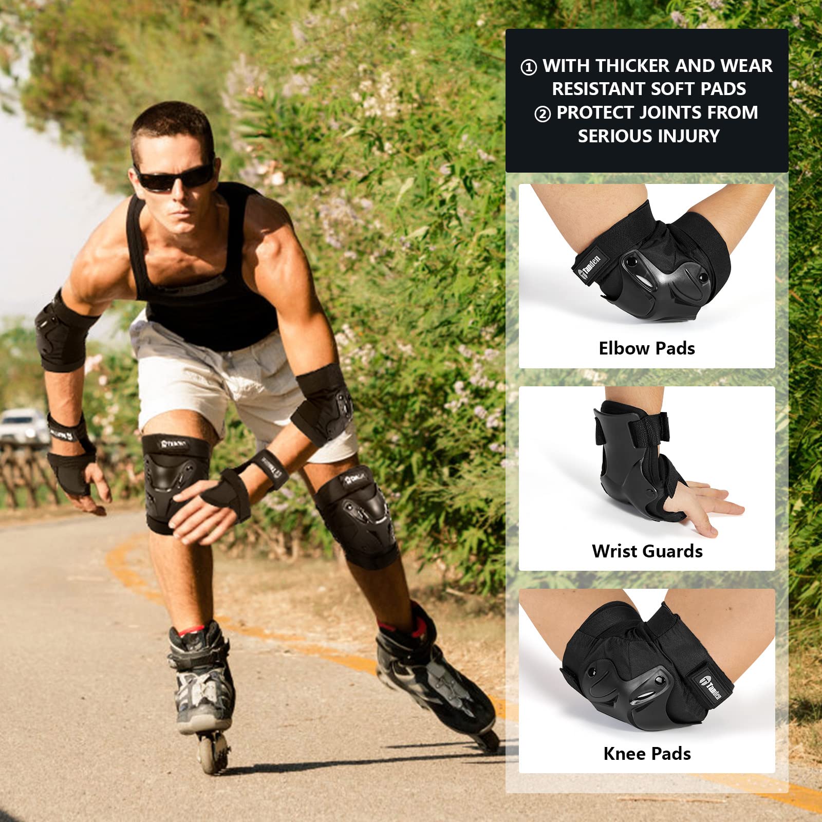 Skating Protective Gear Knee and Elbow Pads Wrist Guards for Roller Skating Skateboarding, Skate Pads Adult Knee Pads