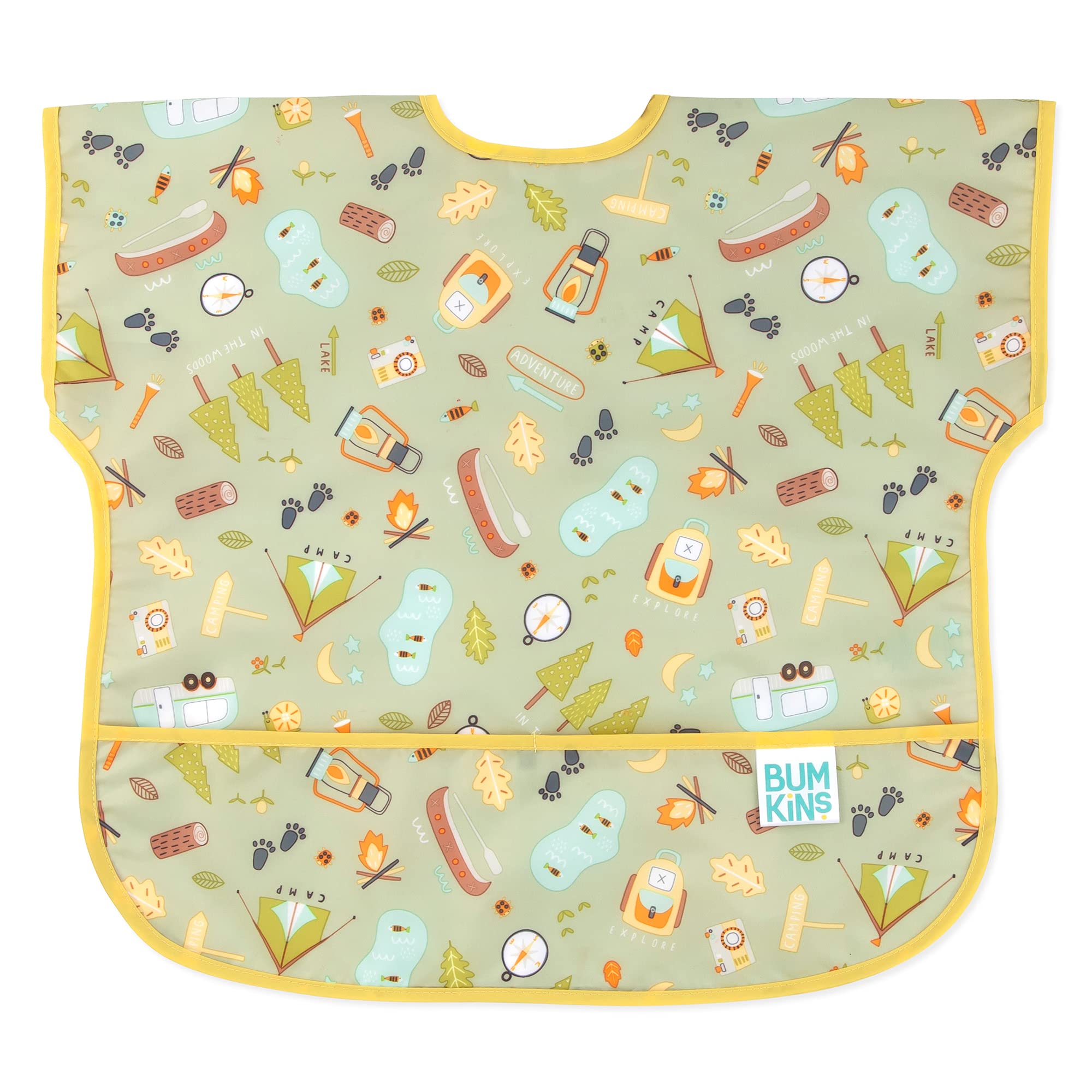 Bumkins Junior Bib, Adjustable Hook & Loop Closure, Catch-All Pocket, Baby-Led Weaning, Waterproof, Machine Washable, Stain & Odour Resistant, BPA Free, 1-3 Years, Camp Gear Design