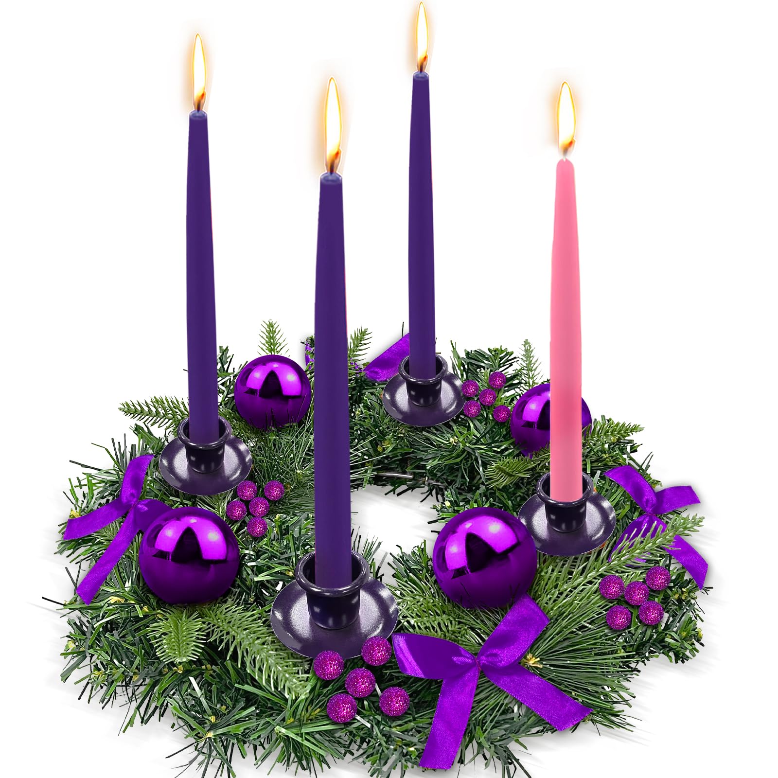 Photo 1 of [Safety Fire Retardant] Purple Christmas Advent Wreath Decoration, Lifelike Feel 4 Advent Candle Holder Centerpiece Christmas Decorations Gift for Church Holiday Home Indoor Ribbons Balls(No Candles)