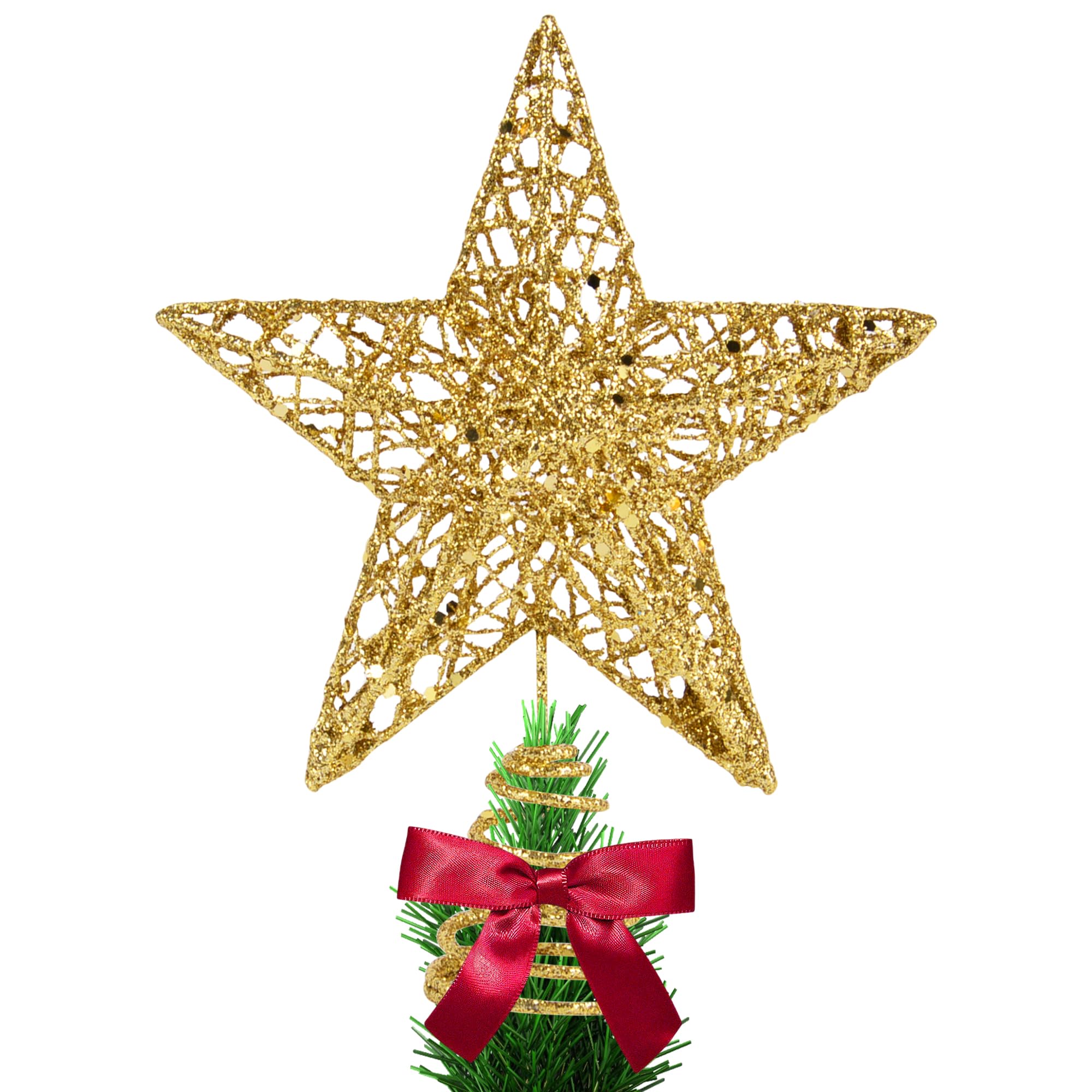 KEYIDO Christmas Tree Topper, Gold 3D Hollow Glitter Tree Star, 8 Inch Metal Christmas Treetop Star for Xmas Tree Topper Ornaments Christmas Home Decorations