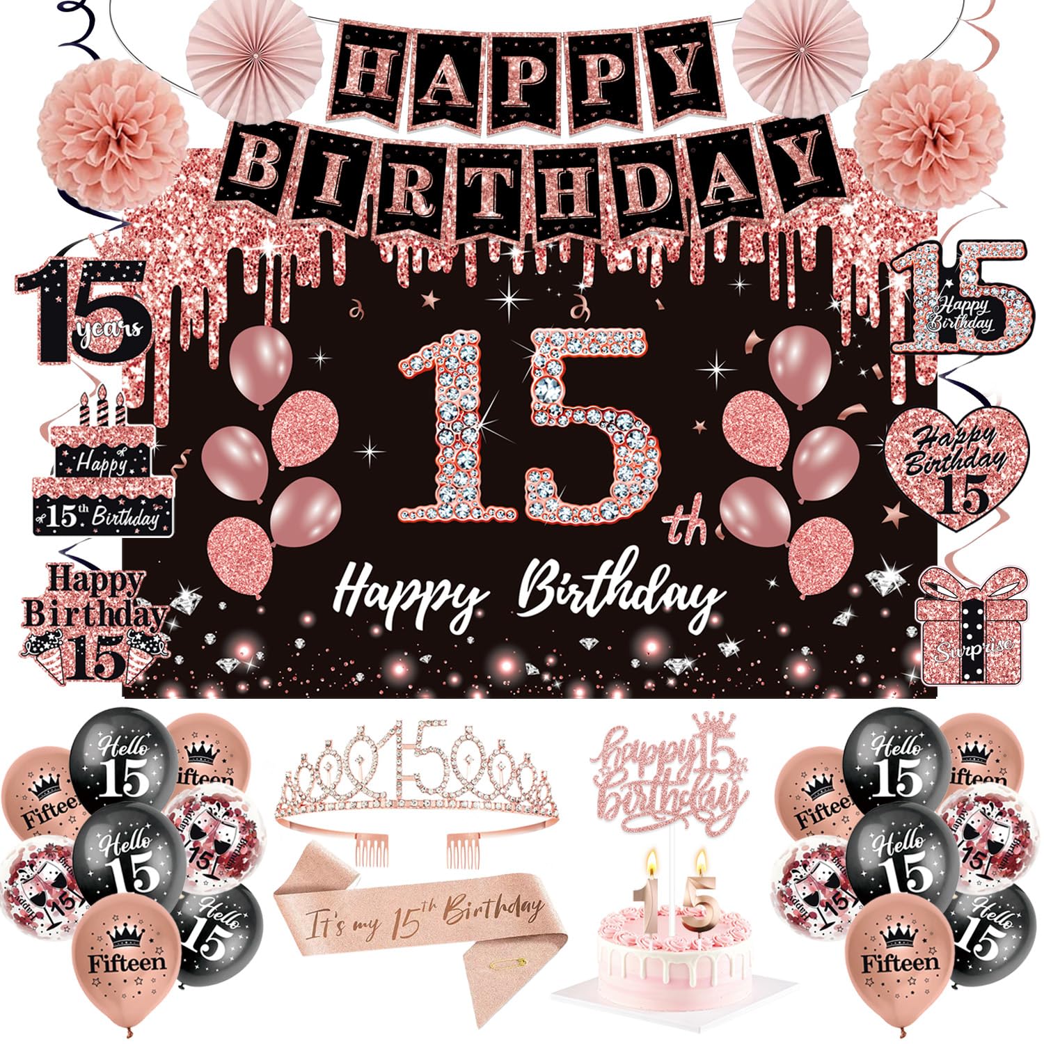 Photo 1 of 15th Birthday Decorations for Girls,51Pcs PRE-STRUNG Rose Gold Black Party Set-15 Years Old Crown and Sash,Banner Backdrop Balloons Candle Hanging Swirls Paper Fans,PRE-ASSEMBLED