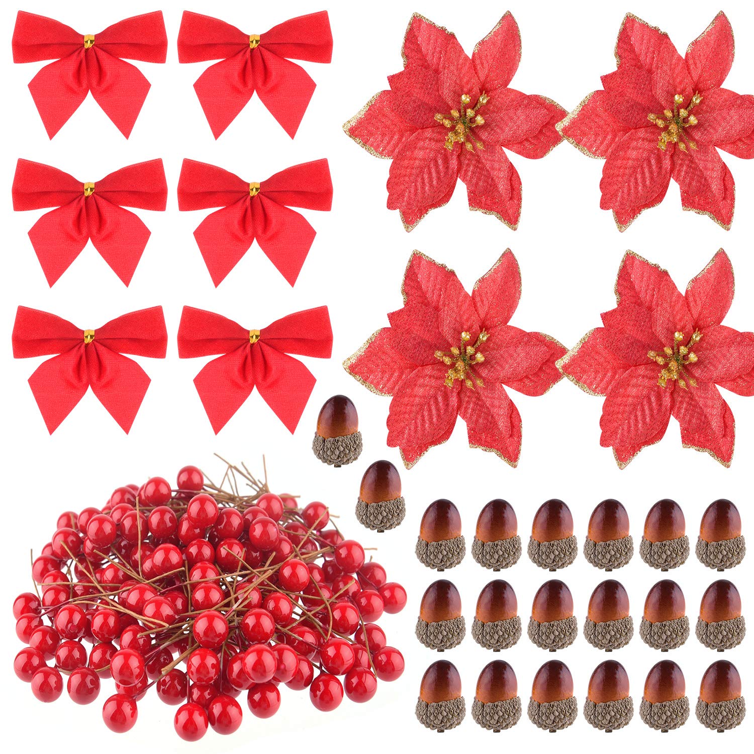FEPITO 190 Pcs Christmas Wreath Accessories Artificial Berries Acorn for Christmas Wreath Decorations Christmas Craft Christmas Party Decor