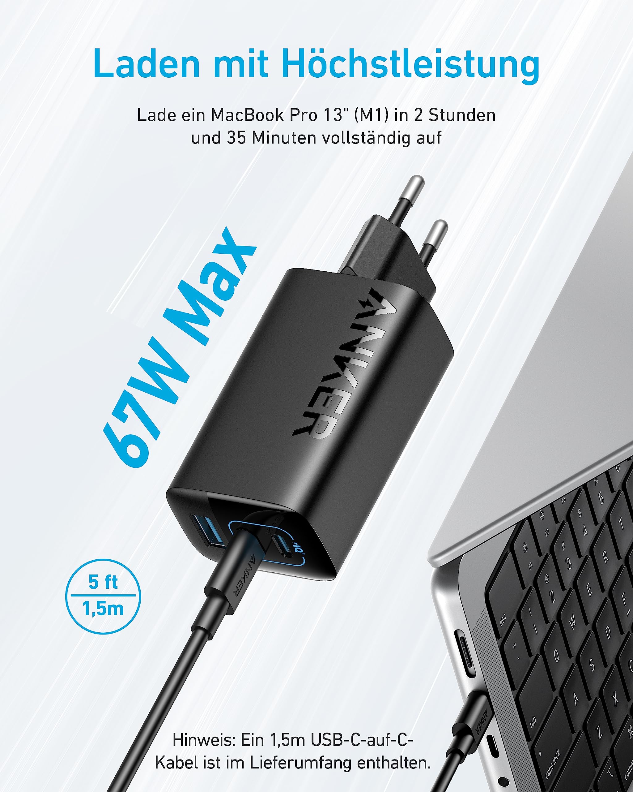 Anker USB C Ladegerät 67W, Anker 335 Hochleistungs-Netzteil mit PIQ 3.0, 3-Port Schnellladegerät, iPad ladegerät, PD Charger für iPhone 17/16/15 Series, MacBook Pro, iPad, Galaxy, Pixel und mehr 2