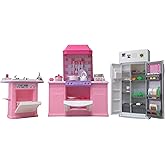 My Fancy Life Deluxe Kitchen Play Set, Pink Dollhouse Furniture with Refrigerator, Stove, Sink, Kitchen Accessories, Miniature Toy Furnishing
