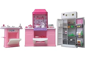 GLORIA My Fancy Life Deluxe Kitchen Play Set, Pink Dollhouse Furniture with Refrigerator, Stove, Sink, Kitchen Accessories, Miniature Toy Furnishing