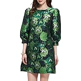 Kedera Women's Jacquard Dress Long Puff Sleeves Shift Mini Elegant Floral Dress Summer Business