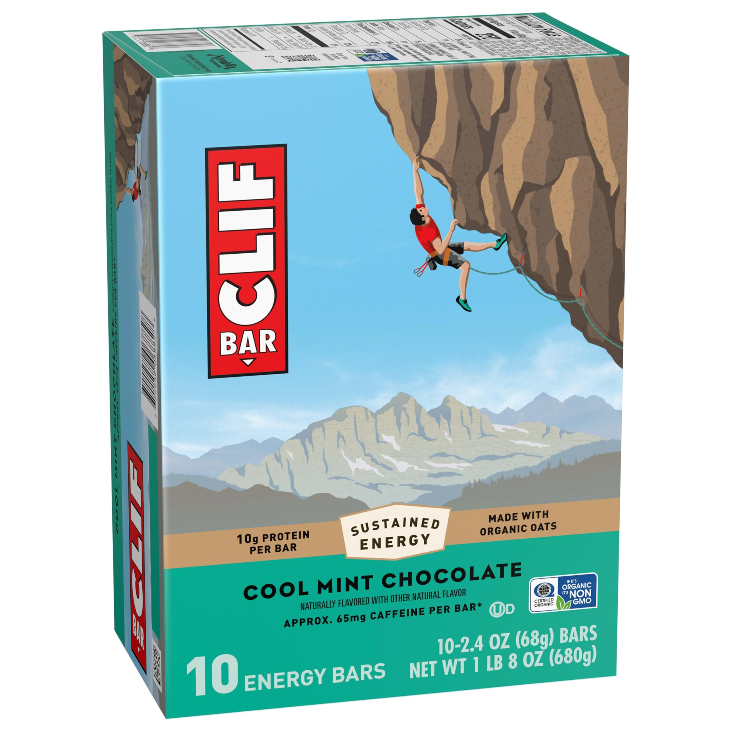 CLIF BAR - Energy Protein Bars - Cool Mint Chocolate with Caffeine - Made with Organic Oats - Energy Bars - Non-GMO - (10 Pack)
