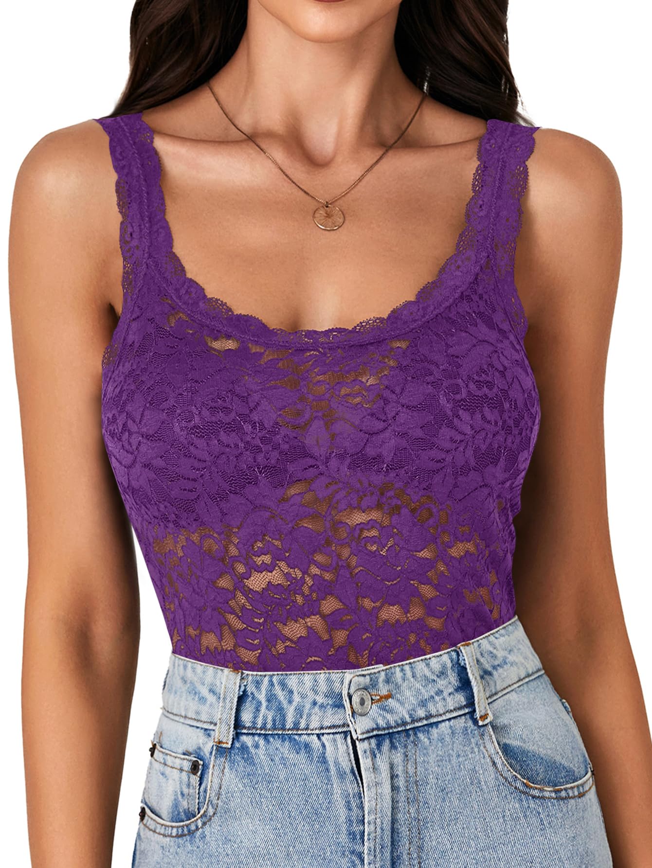 LYANER Women's Floral Lace Scallop Spaghetti Strap