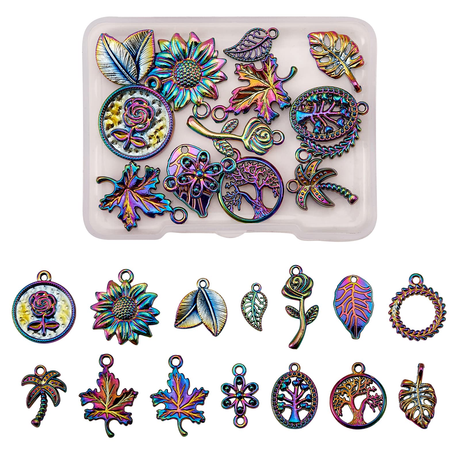 COGCHARGER 14 Pcs Rainbow Alloy Charm Pendants Flower Leaf Tree Alloy Charm Multi Color Charms for Jewelry Necklace Bracelet Earring Making Crafts