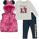 Disney Minnie Mouse Zip Up Vest Puffer T-Shirt and Leggings 3 Piece Outfit Set Infant to Big Kid