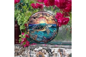 WOHAHA Sea Turtle Stained Window Hanging Sunset Acrylic Panels Indoor Outdoor Round Windows Hanger Kitchen Bedroom Garden Wall Art Decor Gifts for Women Mom Grandma Teacher