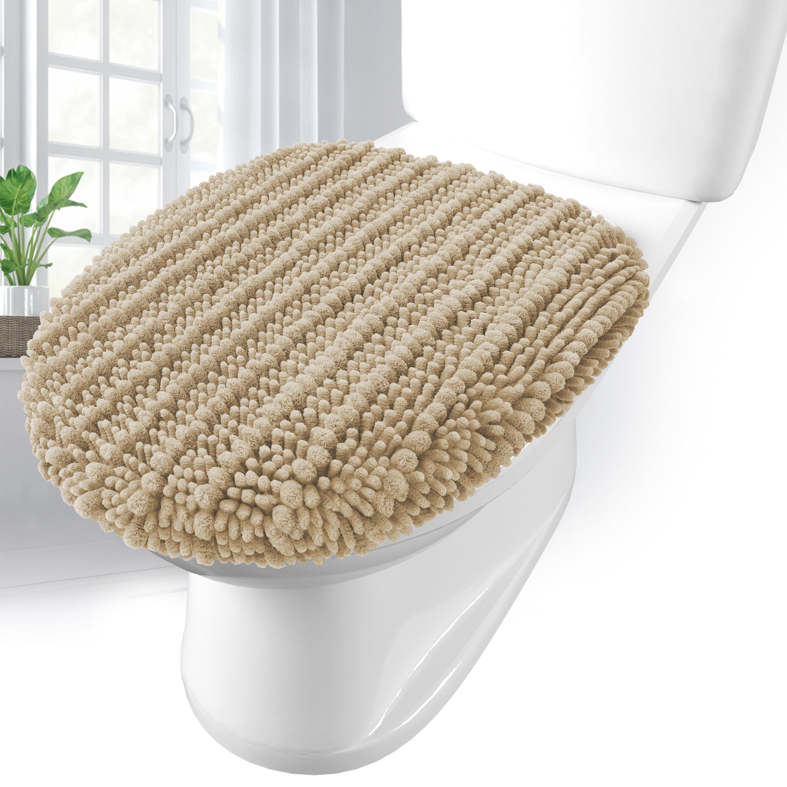 Photo 1 of Arotive Soft Chenille Bathroom Toilet Lid Cover 17.5x15, Machine Washable Seat Covers, Stays in Place Non-Slip Backing, Fits Most Round, Elongated and Oblong Lids, Accessories Decor, Beige