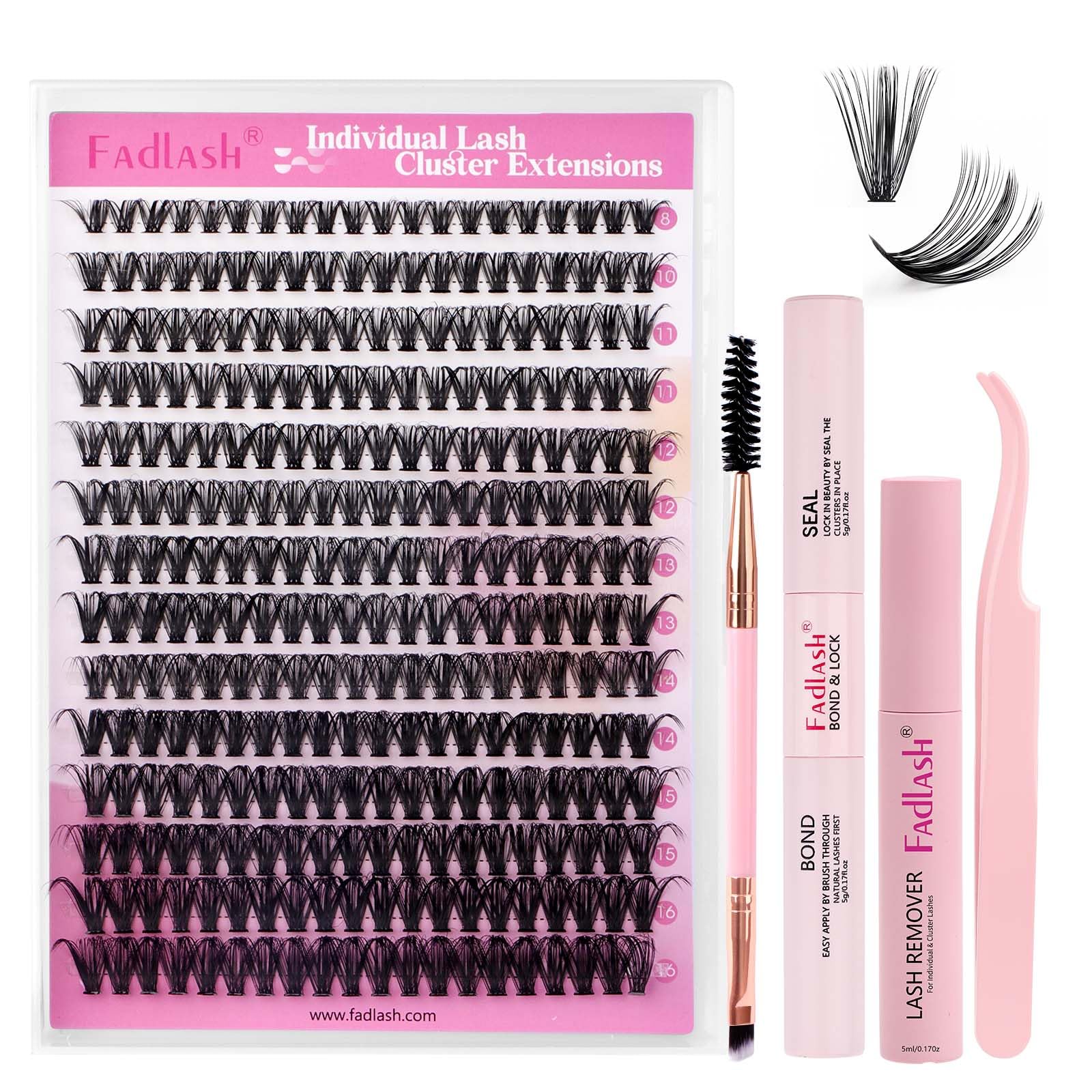 FADLASH 40D 0.07mm D Curl 8-16mm with Bond and Seal, Eyebrow Brush, Tweezers and Remover DIY Eyelash Extensions — image 1