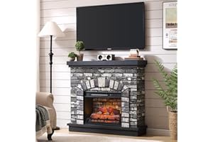 IFBUY Farmhouse Electric Fireplace with Mantel, 42" Fireplace TV Stand with 23'' Freestanding Electric Fireplace Heater, Remote Control, Adjustable 3D Realistic Flame Level for Living Room,Light Grey