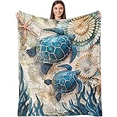 Sea Turtle Blanket 50"x 60", Sea Turtle Gifts for Women, Vintage Coastal Ocean Nautical Turtle Seashell Teal Soft Cozy Lightweight Flannel Throws Blankets for Couch Bed Sofa Chair Decor