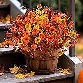 Artificial Mums Fall Fake Flowers for Outdoors, 12 Bundles Faux Mums for Outdoor Planters Autumn Decorations,UV Resistant Silk Flowers for Outside Front Porch Patio Home Decor(B-Orange Yellow Brown)