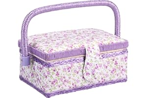 Vintage Floral Sewing Basket with Removable Tray & Carry Handle Wooden Frame Storage Organizer Available in 7.5" & 9.5" Sizes