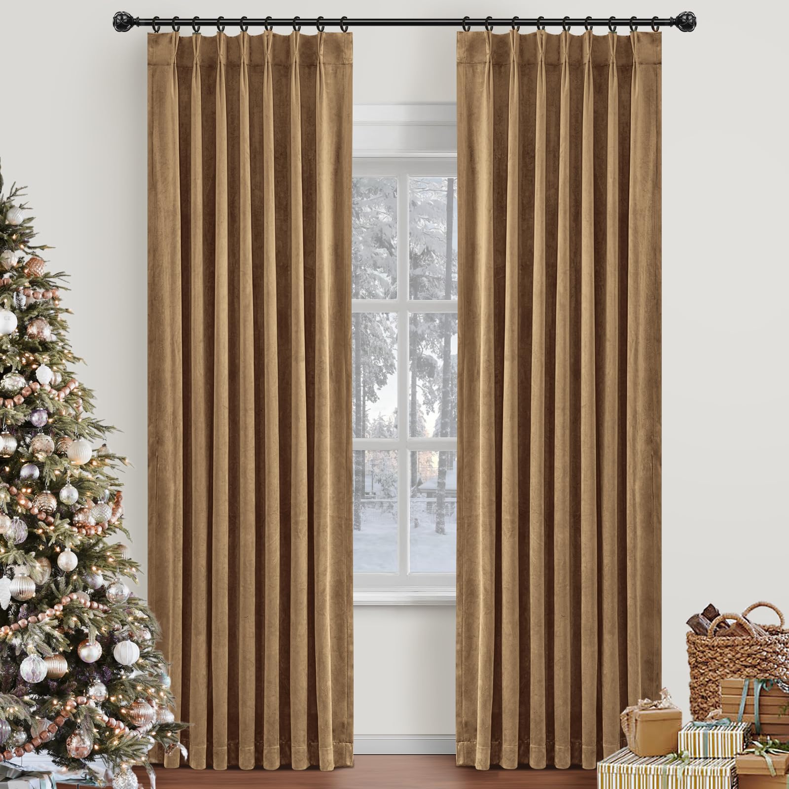 Photo 1 of CAPALOCA Velvet Pinch Pleated Blackout Curtains 72 Inch Length 2 Panels with Hooks, Luxury Curtains for Bedroom Living Room, Back Tab Soft Room Darkening Drapes, W40xL72, Golden Brown