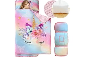 KINBEDY Rainbow Unicorn Toddler Nap Mat for Preschool Daycare Kindergarten Girls Floral Pink Kids Sleeping Mats Nap Time Pillow and Blanket Set Fleece Sleeping Bag Pad for Camping Travel