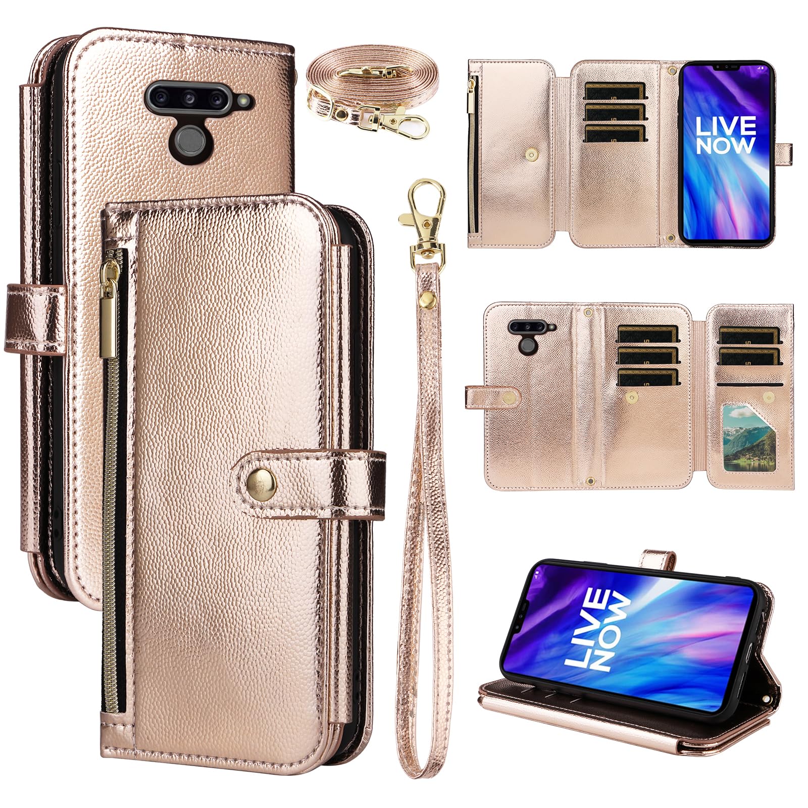 Photo 1 of Dswteny Wallet Case for LG V40 ThinQ with Wrist Strap Shoulder Strap Zipper Leather Flip Credit Card Holder Stand Cell Phone Cover for LGV40 Storm V 40 Thin Q V40ThinQ LG40 40V 40ThinQ Women Men Gold
