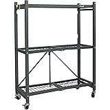 Origami Heavy Duty Foldable 3 Tier Metal Shelf Wire Rack Storage Unit Organizer with 3 Inches Wheels for Garage, Basement, or