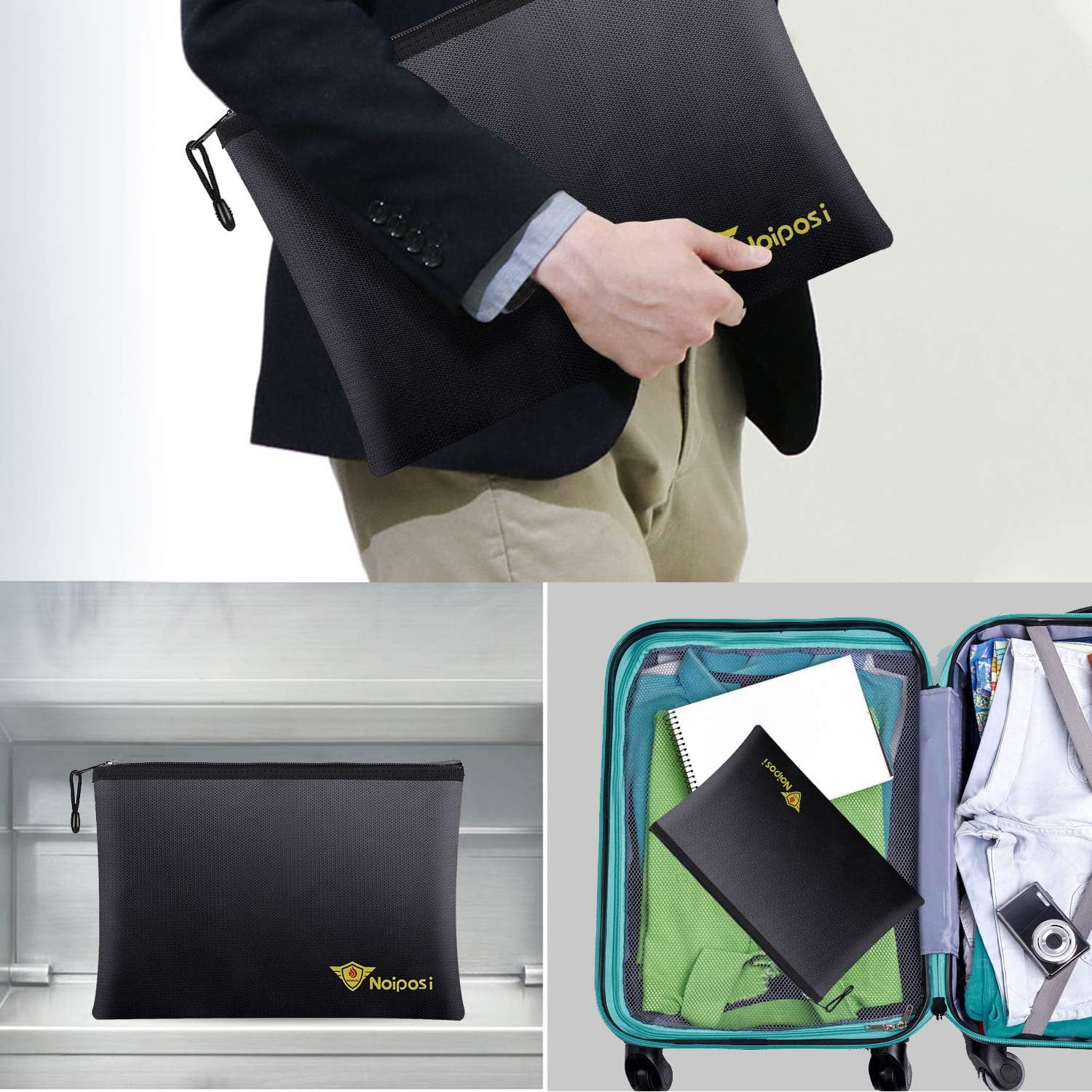 Noiposi Fireproof Document Bags, 13.4”x9.4” Waterproof and Fireproof Bag for Documents and 10.6”x6.7” Fireproof Money Bag with Zipper, Silicone Fire Safe Storage Pouch for Documents, Money and Cash - - 