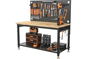 CAMMOO 48" Heavy Duty Work Bench Adjustable Height Max Load 2000 LBS with Storage Shelf for Garage Workbench, Rubberwood Tabletop with Pegboard, LED Light, Built-in Power Strip for Woodworking Shop