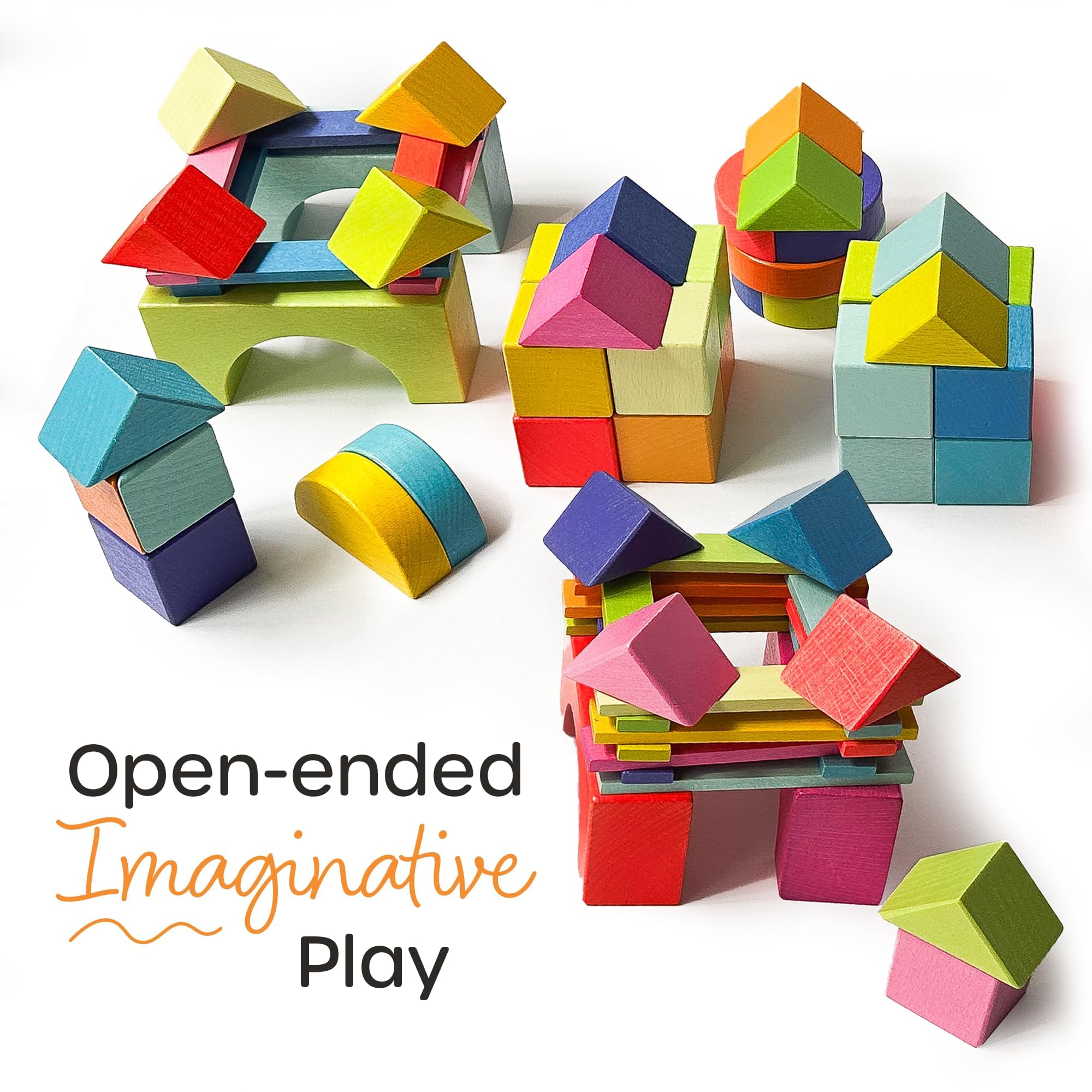 Quiggly Montessori Wooden Rainbow Building Blocks Set | 68-Piece Educational STEM Toy for Toddlers | Includes Storage Box with Carry Handles | Ideal for Ages 12-48+ Months (Wooden Storage Box)