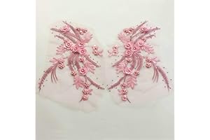 MUMAYA Lace Fabric 3D Flower Patches Tassel Beads Rhinestone Embroidered Wedding Gown Appliques Sew Patch for Dress DIY Decor 2 Pcs (Pink)