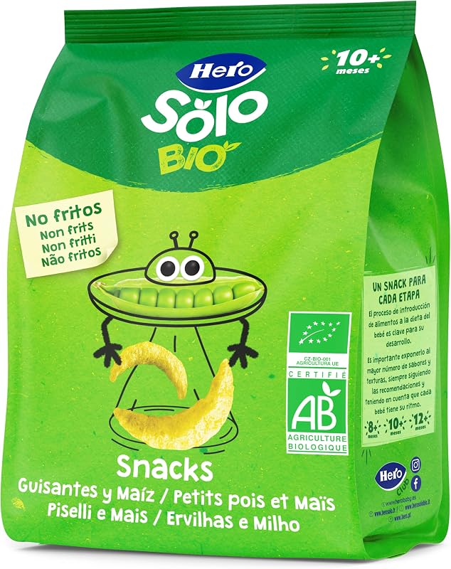 Hero baby - lanche de ervilha e milho, 100% eco, bio, com ingredientes da agricultura biológica e da ue, não frito, adequado para bebés a partir dos 10 meses - embalagem de 6 x 40 g