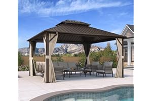 PURPLE LEAF 12' X 14' Gazebo Outdoor Hardtop Gazebo with Dual-Layer Galvanized Steel Ventilated Roof Curtains and Netting Alu