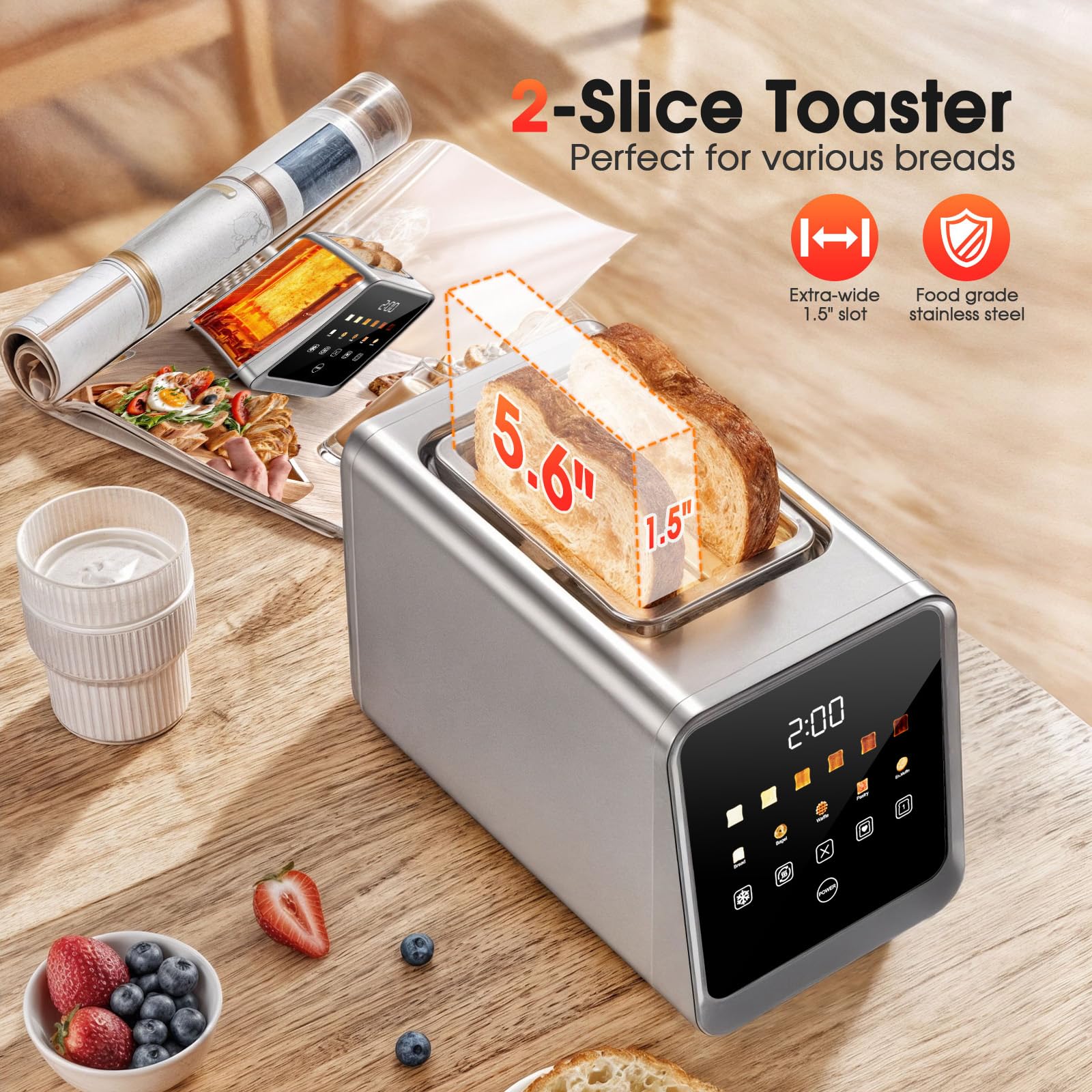 Tostadora con pantalla táctil de 2 rebanadas con ranuras de 1,5" de ancho y recuperación de memoria | Tostadoras digitales inteligentes de acero inoxidable de 900 W | 6 configuraciones de sombra para bagels y pan grueso