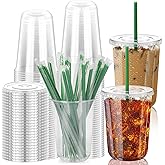 GGOLDMER 25 Set Clear Plastic Cups with Lids and Straws, 16oz Disposable Plastic Iced Coffee Cups with Lids Round Bottom for Coffee, Juice, Cold Drinks, Iced Latte